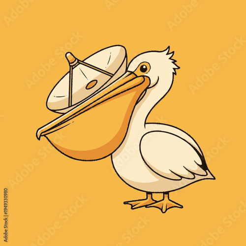Cartoon pelican carrying a satellite dish in its large beak pouch. Humorous illustration for communication, technology, and connectivity concepts.