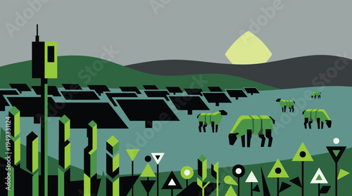 Geometric sheep graze in a field of solar panels under a stylized sun in a modern, minimalist landscape illustration.