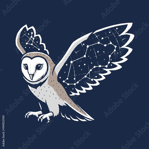 Celestial Barn Owl with Constellation Wings Flying. Magical Night Sky Wildlife Illustration of an Astronomical Bird.
