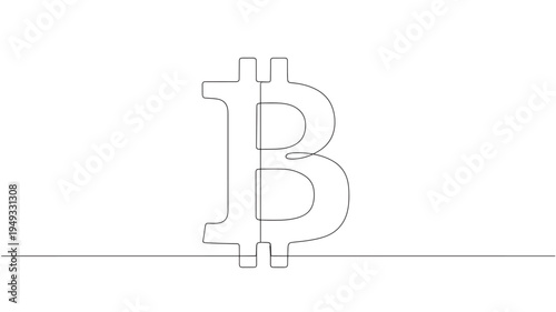 Bitcoin symbol single line drawing with horizontal line on a white background, minimalist cryptocurrency concept.