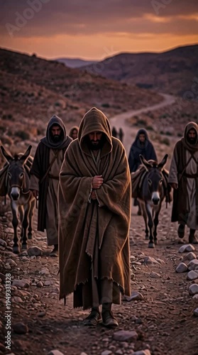 Jesus Christ secretly journeying to Jerusalem hidden among travelers on winding Judean path at dusk vertical video
