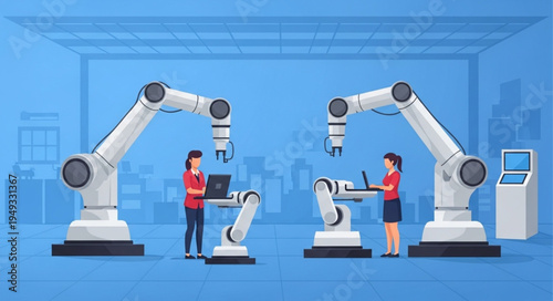 Robotic Arms Working With Technicians In A Factory.