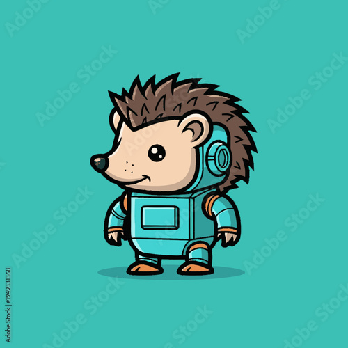 Adorable cartoon hedgehog in a futuristic robot suit. Cute animal character illustration with technology theme.