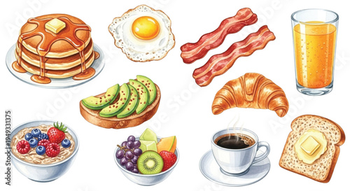 Watercolor Breakfast Food Set with Pancakes Bacon Egg Coffee Croissant and Fruits