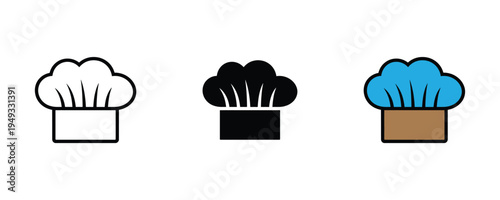 Professional chef hat icon set. Culinary toque, restaurant bakery, and master cook headwear symbols. Vector Illustration.