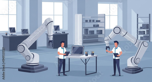 Robotic Arms and Engineers in a Modern Office Setting.