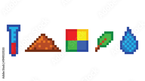 A set of five pixel art icons represents basic elements of science and nature on a white background.