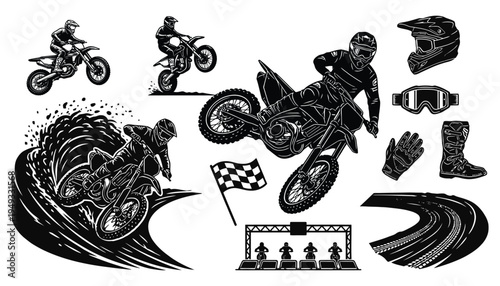 Motocross racing sticker set with dirt bike riders and gear illustrations
