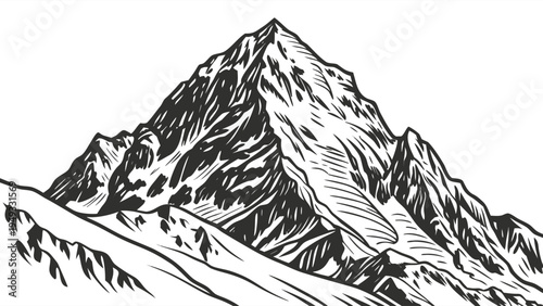 Detailed Mountain Peak Line Art.