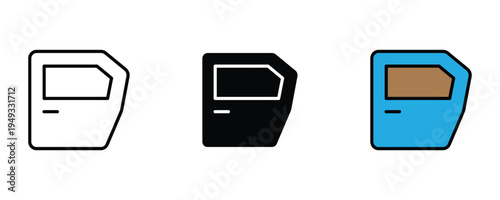 Car door icon set. Automobile exterior parts, vehicle entrance, and automotive hardware symbols. Vector Illustration.