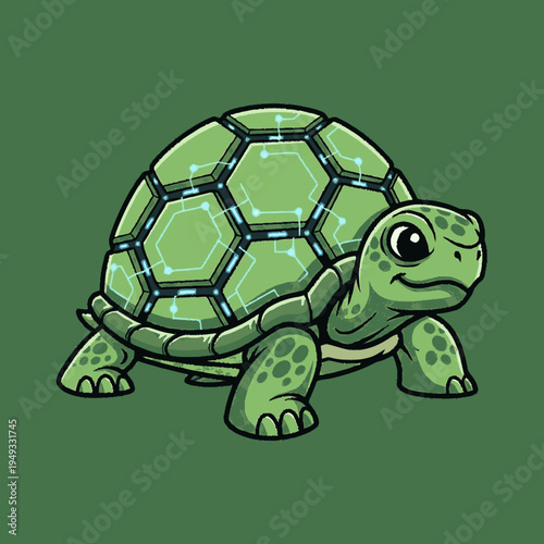 Cute futuristic digital turtle illustration with a glowing circuit pattern shell, symbolizing technology, innovation, and perseverance.