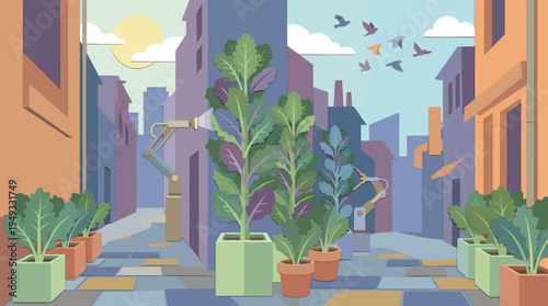Robotic arms tend to plants in an urban farm set within a colorful city alley in a futuristic vector illustration.