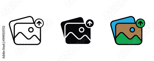Image upload icon set. Digital photo gallery, media file transfer, and picture sharing symbols. Vector Illustration.