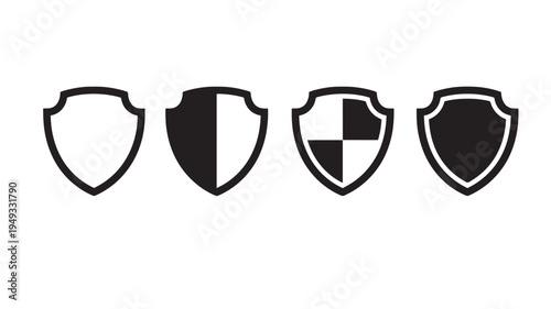 Shield icons set with different fill patterns and outlines for security and protection concept graphics, black and white simple design elements.