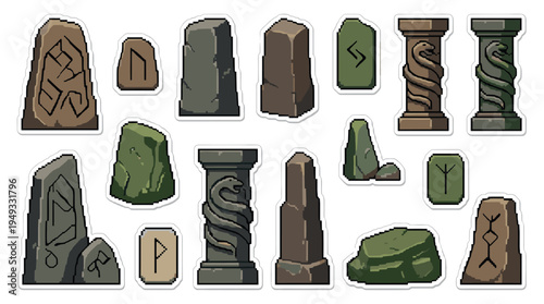 A collection of pixel art runestones, ancient pillars, and carved tablets is displayed on a white background.