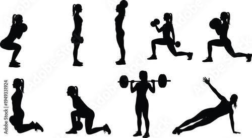 Female fitness workout silhouette set with dumbbells barbell squat lunge and exercise poses gym training vector illustration isolated on white background
