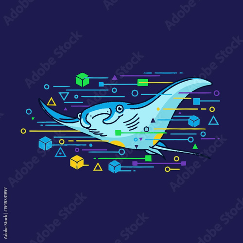 Dynamic Manta Ray Illustration Swimming Through Abstract Geometric Shapes and Digital Data Streams, Modern Underwater Tech Concept.