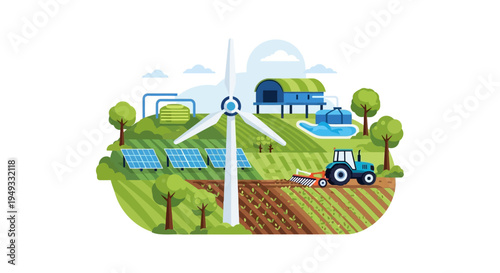 Sustainable Smart Farming: Renewable Energy Solutions for Modern Agriculture with Wind Turbine, Solar Panels, and Tractor