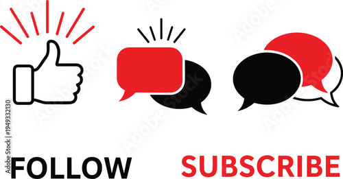 Follow and subscribe social media icons thumbs up like comment speech bubbles engagement marketing vector illustration isolated communication symbols