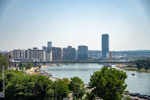 Overhead view of the Danube River, seen from the Belgrade Fortress in Kalemegdan Park, Belgrade, Serbia