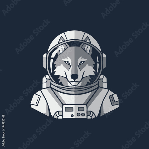Stylized wolf in astronaut suit and helmet illustration, representing space exploration, cosmic adventure, and futuristic animal concept.