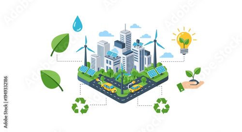 Green City Isometric Illustration: Sustainable Urban Development with Solar Panels, Wind Turbines, Electric Cars, and Eco-Friendly Technologies.