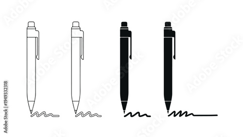 Four ballpoint pens sketching lines vector illustration - Flat Design Icon. line icon set - Icon vector - Blue icon vector. Clipart. Icon collection - Line and glyph solid icon and logo template