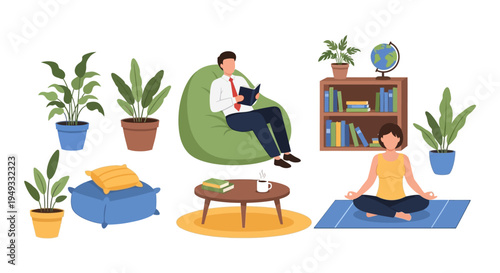 Cozy Home Lifestyle Vector Set: People Reading & Meditating with Houseplants, Bookshelf, Coffee Table - Relaxation & Wellness Illustration