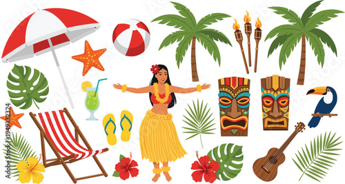 Tropical Hawaiian Luau Vector Icon Set Featuring Hula Dancer, Tiki Masks, Palm Trees, Hibiscus Flowers, and Beach Vacation Elements for Summer Designs