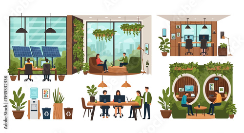 Modern Sustainable Green Office and Biophilic Workplaces: Employees in Eco-friendly Environments with Solar Panels, Recycling, and Natural Light for Well-being.
