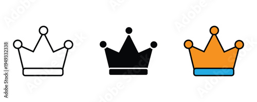 Royal crown icon set. Golden king or queen tiara, luxury jewelry, and authority symbols. Vector Illustration.