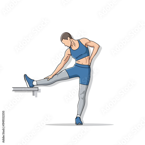 Woman Stretching Leg on Step - Fitness Exercise and Workout Illustration