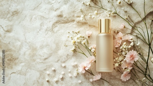 Clear Bottle Placed on a Textured Surface With Small Flowers and Petals Nearby