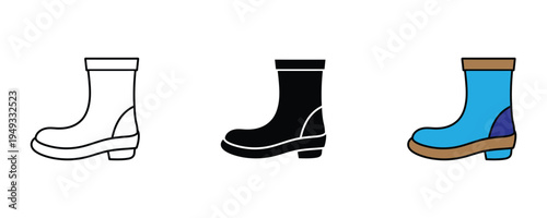 Waterproof rubber boots icon set. Rain footwear, protective garden wellies, and autumn fashion symbols. Vector Illustration.