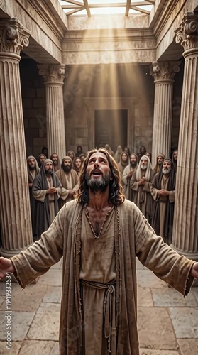 Jesus Christ in Jerusalem temple area with intense expression proclaiming his divine sender vertical video