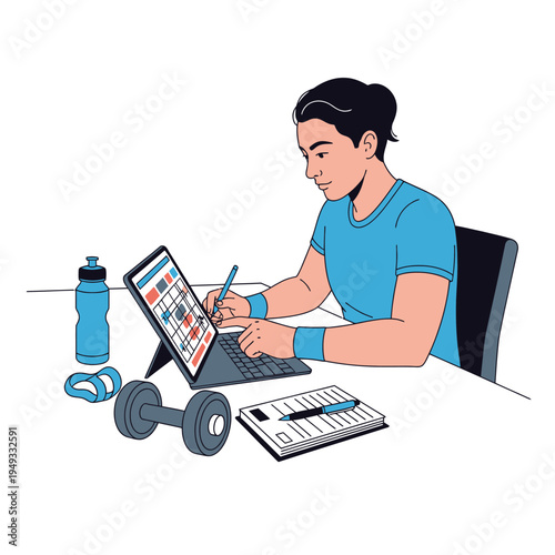 Fitness Coach Planning Workout Online with Tablet and Dumbbell