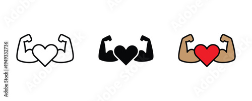 Heart with muscular arms icon set. Strong heart, cardiovascular health, and fitness strength symbols. Vector Illustration.