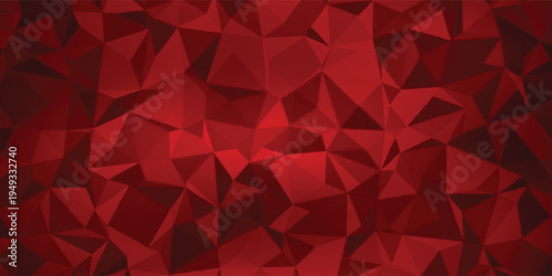 Abstract background with deep red and vibrant red low poly polygonal design.