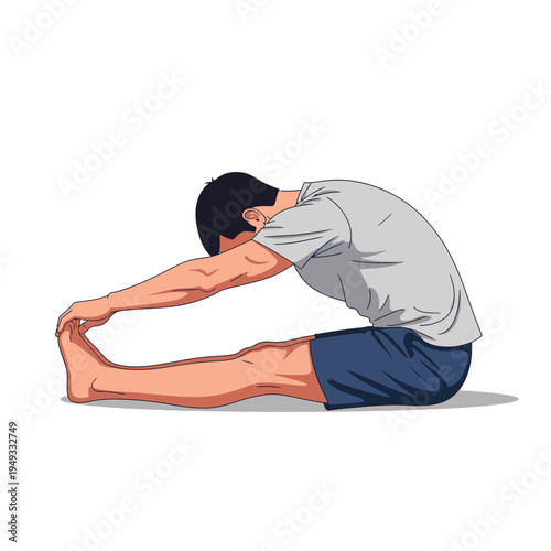 Man stretching legs and back in seated forward bend pose, fitness illustration
