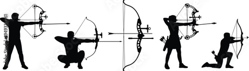 Archery archer silhouette set aiming bow and arrow, hunting sport target practice vector illustration