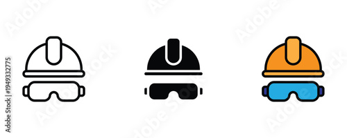 Construction safety helmet and goggles icon set. Industrial work protection, personal protective equipment (PPE), and builder safety symbols. Vector Illustration.