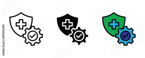 Medical insurance and health security icon set. Healthcare protection, medical cross shield, and verified safety symbols. Vector Illustration.