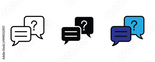 Question and answer speech bubbles icon set. FAQ, customer support, and online chat communication symbols. Vector Illustration.