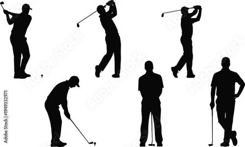 Golf player silhouettes set, golfer swinging club and putting poses collection isolated black vector illustration for sport design