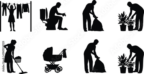 Household chores silhouettes set, people doing cleaning laundry gardening and trash tasks, black daily home activity icons vector