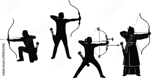 Archery archer silhouette collection aiming bow arrow, traditional hunting sport target practice vector illustration