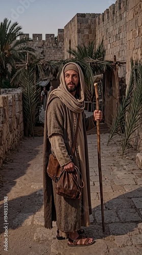 Jesus Christ in secret travel pose near Jerusalem walls during Tabernacles feast vertical video