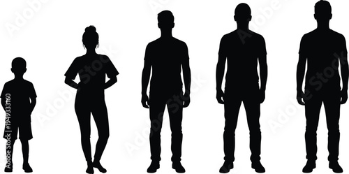 Human growth stages silhouettes set, child to adult body development figures collection isolated black vector illustration