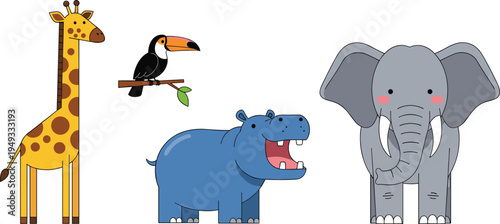 Cute Cartoon Safari Animals Set Giraffe Toucan Hippo Elephant Flat Illustration for Kids Jungle Zoo Designs, Educational Clipart, Nursery Graphics, and Vector Collections