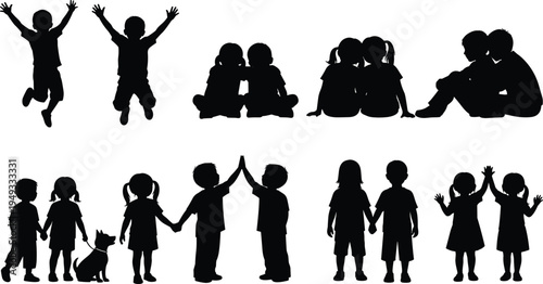 Kids friends silhouette set showing children jumping, sitting, holding hands and playing together isolated on white background childhood friendship concept